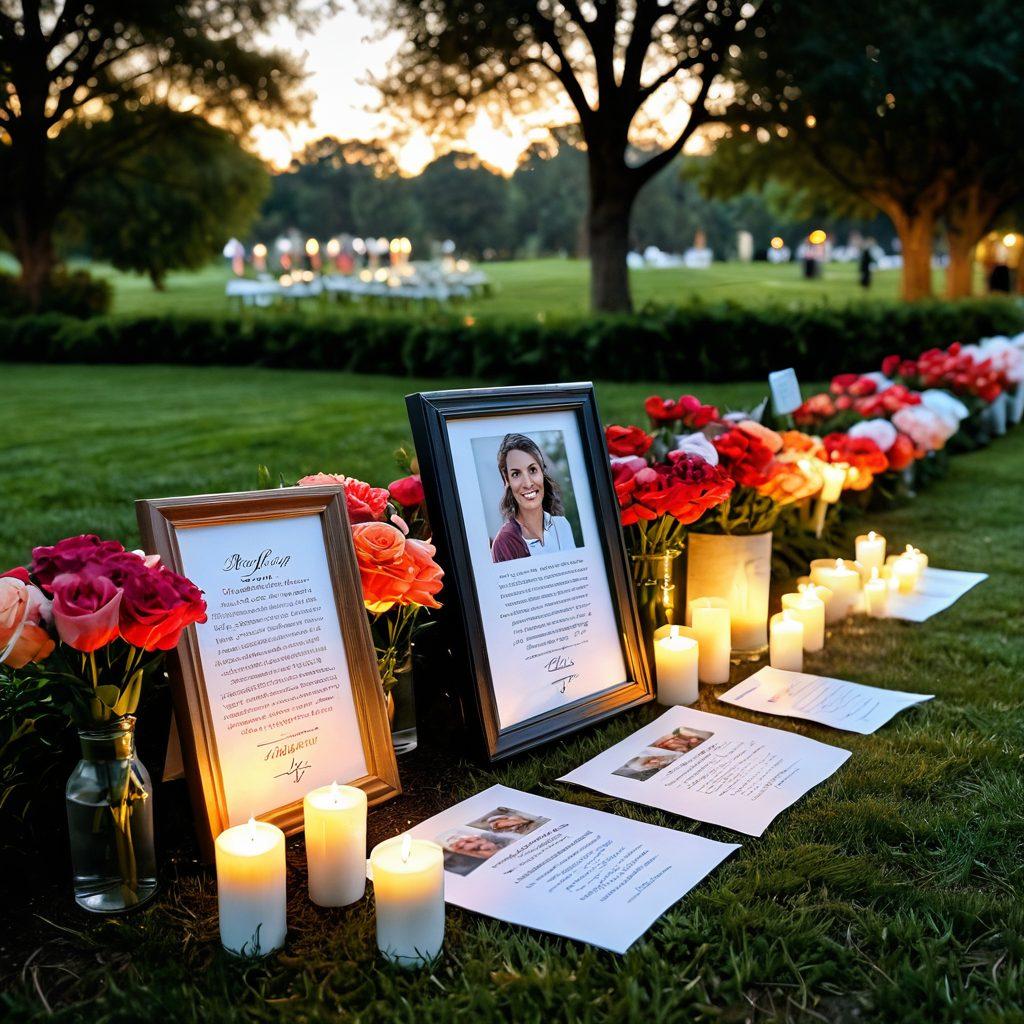 A serene outdoor setting featuring a beautifully decorated memorial service with personalized tributes, such as photo displays and flowers. Soft, warm lighting enhances the emotional atmosphere with gentle smiles from attendees celebrating a life well-lived. Include elements like candles and heartfelt messages written on biodegradable paper, symbolizing love and remembrance. The background should depict a peaceful landscape, perhaps a sunset or a garden. super-realistic. warm colors. cinematic lighting.