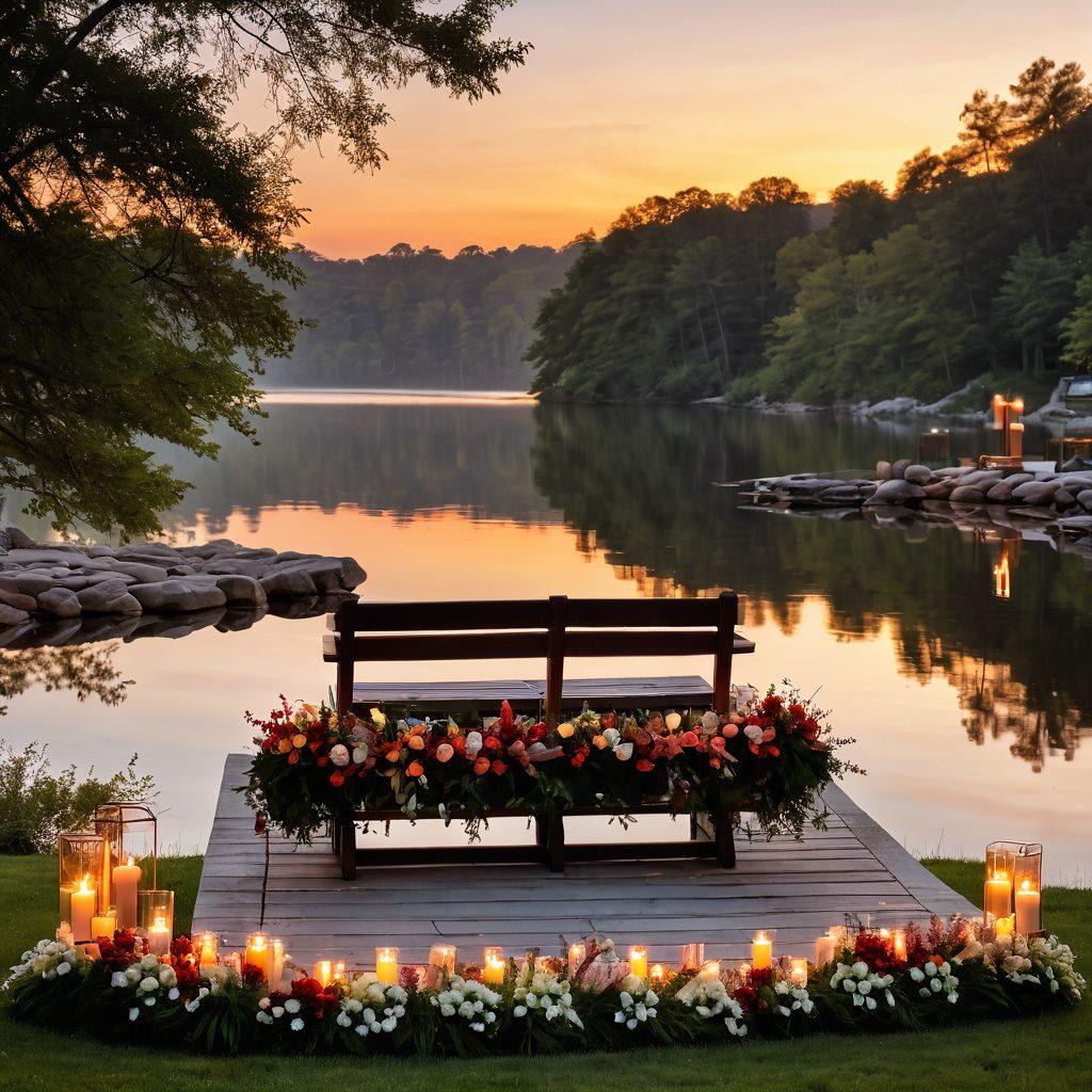 A serene landscape featuring a gentle sunset over a tranquil lake, with a beautifully arranged memorial service setup including elegant floral arrangements, soft candlelight, and comforting seating. A family gathered, sharing stories and memories, with a photo board displaying cherished moments of a lost loved one. The atmosphere conveys peace, love, and remembrance. super-realistic. warm colors. soft focus.
