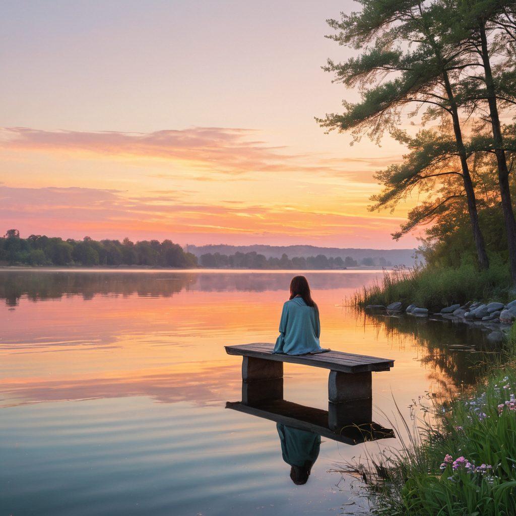 A serene and peaceful landscape featuring a sunset over a calm lake, symbolizing reflection and healing. Subtle elements of nature, like blooming flowers and gentle waves, convey hope and tranquility. A thoughtful figure sitting on a bench, gazing at the view, represents introspection during grief. Soft, warm colors dominate the scene to evoke comfort and compassion. painterly style, soft-focus, pastel colors.